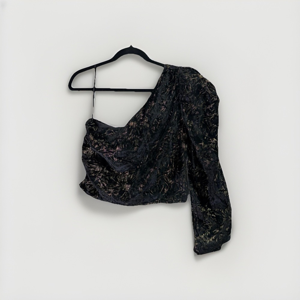 Express One Shoulder Black & Gold Metallic Ruched Crop Top Women's Small Party - Picture 2 of 10